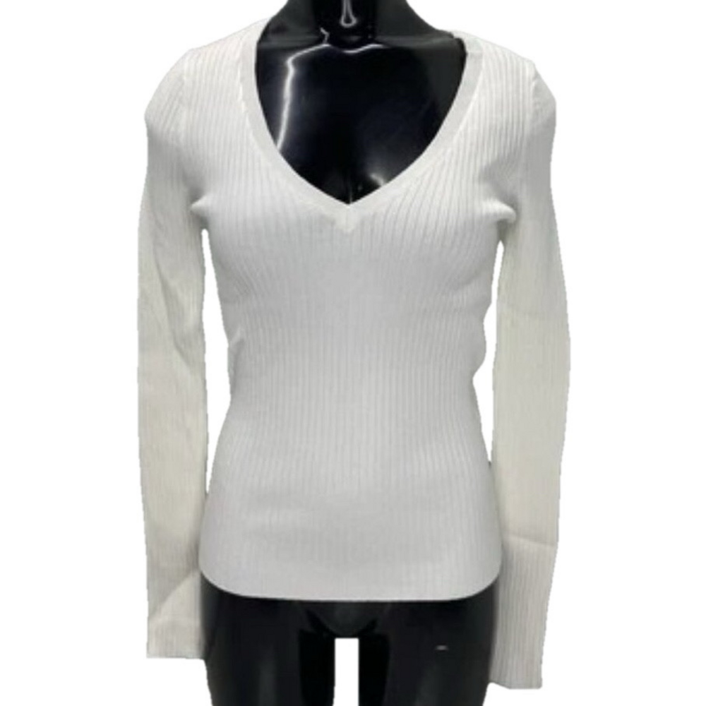NEW THE KOOPLES Womens Sweater Top White Size 1/S Rib Knit V-Neck Pullover